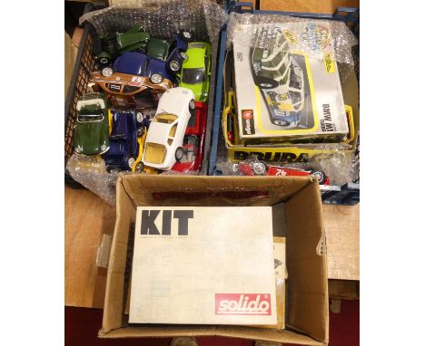 Three trays of various scale metal and plastic loose and boxed kits, to include a Burago BMW M1 turbo, Solido Toyota Celica e