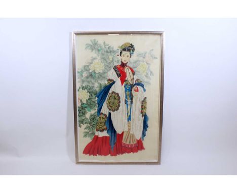 A modern Chinese watercolour painting of a lady on silk, depicting an elegantly dressed lady in traditional attire holding a 