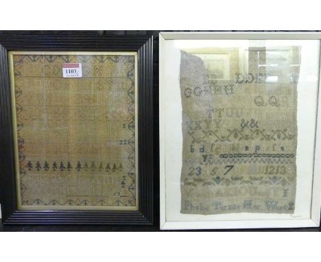 A George III needlework alphabet and number sampler, by Elizabeth Anne Wood and dated 1802, in later frame, 25 x 20cm; togeth