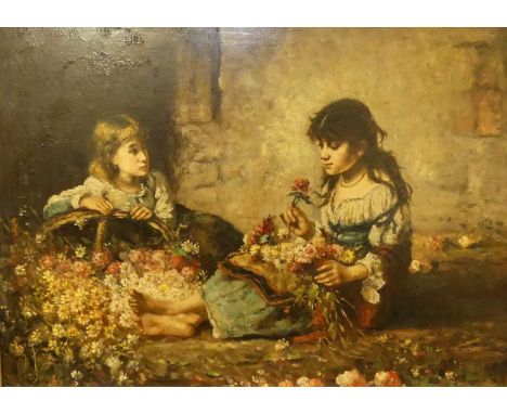 A continental oleograph of flower-girls, 50 x 40cm 