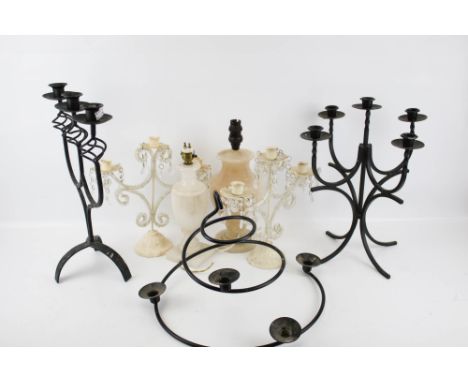Two alabaster lamp bases and various candlesticks. Max. H42cm