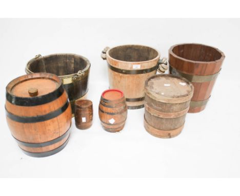 A collection of vintage buckets and barrels. Including an oak bucket with brass handle and bindings, H27cm