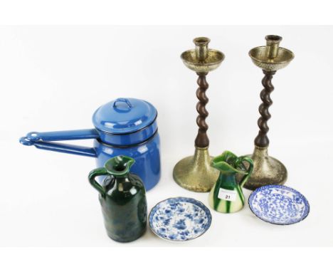 A group of assorted vintage collectables. Including a pair of candlesticks, two jugs, two Chinese dishes and an enamel bain m