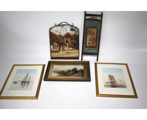 Four 20th century paintings and an embroidered fire screen. Comprising a pair of limited edition Ray Figg watercolour prints,