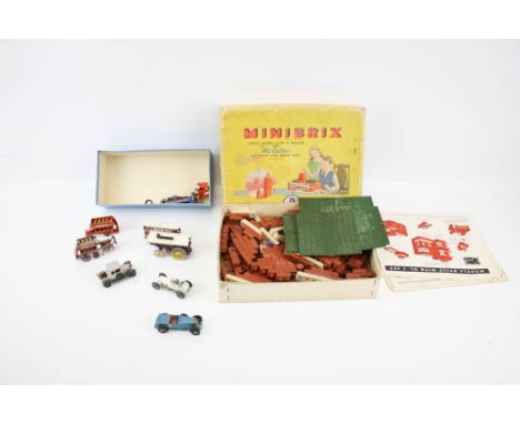 A collection of vintage Lesney diecast vehicles and a No. 3 Minibrix set. Including traction engine, 1908 G.P. Mercedes, etc.