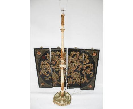 A Chinese four panel dragon picture and a standard lamp. Picture 125cm x 91cm