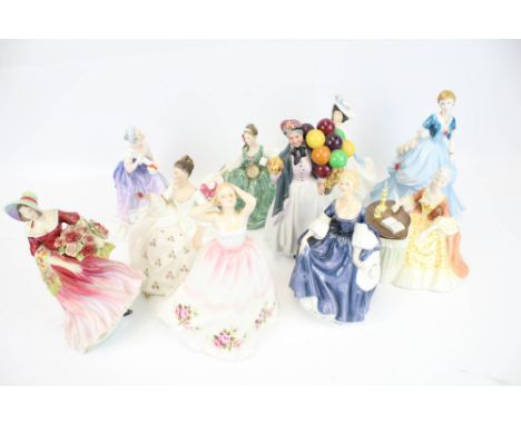 A collection of ten mainly Royal Doulton figures of ladies. Including 'Biddy Pennyfarthing' HN1843, Royal Worcester 'Night at