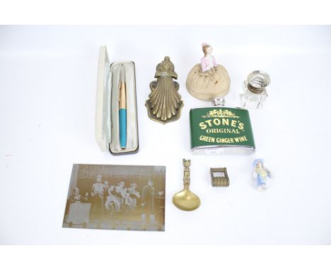 A group of collectables including a Victorian paper tidy, hip flask and parker pen, etc.