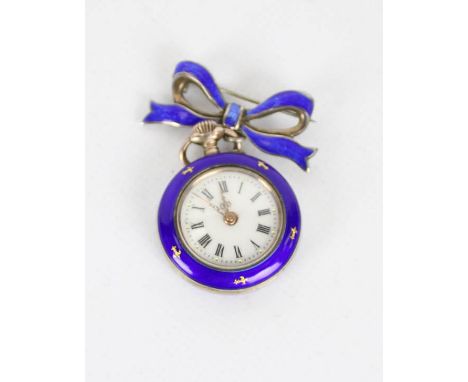 A lady's silver and blue enamel fob watch, hung from a matching blue bow fob