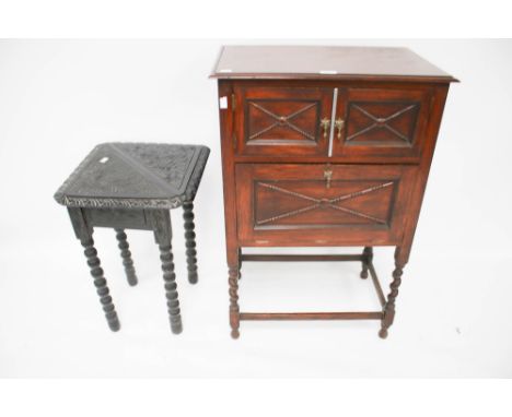 Two vintage pieces of furniture. Including a mahogany cabinet H92cm, with two doors and a drop front on twist supports plus a