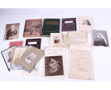 A collection of assorted Victorian and later ephemera. Including Bread Books, documents, studio cabinet photographs and 'The 