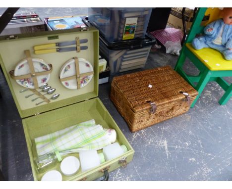 VINTAGE BREXTON PICNIC BOX AND CONTENTS A HAMPER, A CHILDS CHAIR AND A DOLL. 