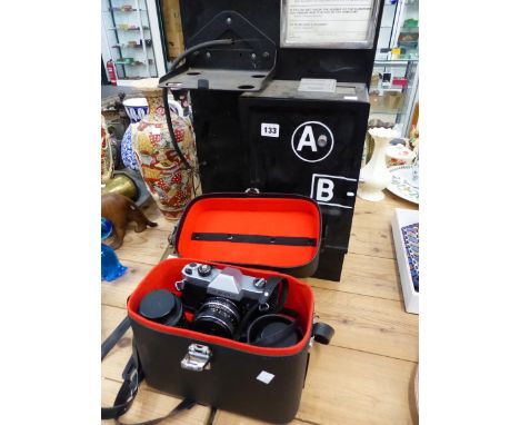 A ROLLEIFLEX CAMERA, AND A VINTAGE AB PHONE BOX. 