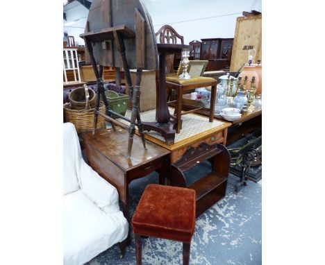 A COACHING TABLE, A SMALL DROP LEAF TABLE, A WALL SHELF AND A LAMP TABLE AND CHAIR. 