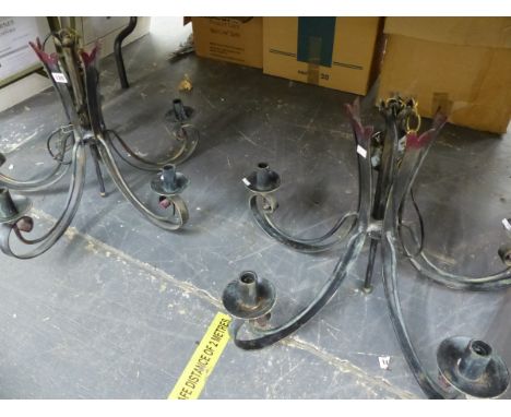 TWO LARGE METAL FIVE BRANCH CHANDELIER.