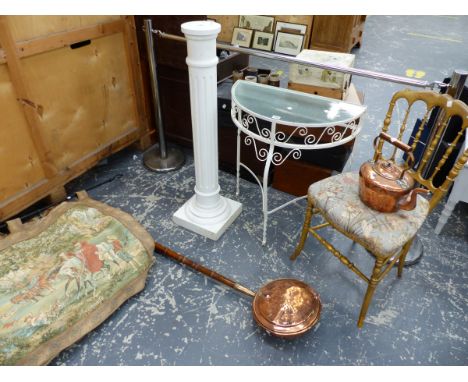 A BRUSSELS TAPESTRY PANEL, COPPER KETTLE, WARMING PAN, TWO STANDS AND A GILT SIDE CHAIR. 