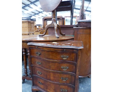 A SMALL SERPENTINE WALNUT CHEST AND A TRIPOD TABLE. 