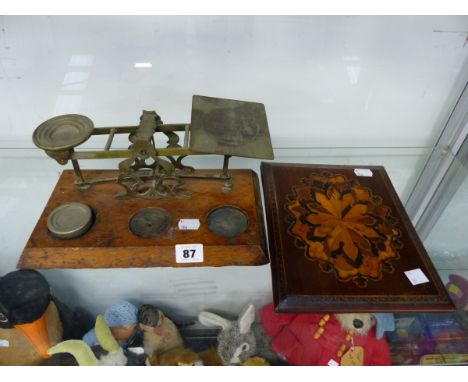 ANTIQUE POSTAL SCALES, TOGETHER WITH A MARQUETRY INLAND DESK BLOTTER. 