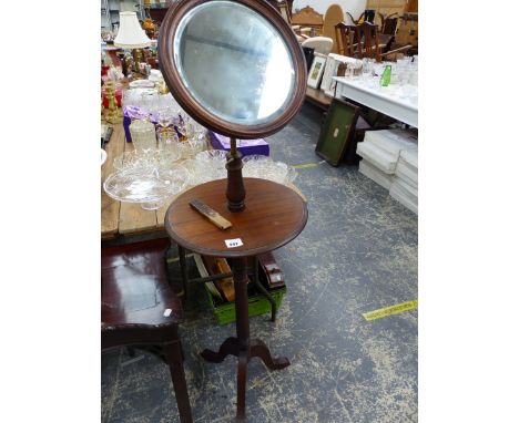 EDWARDIAN WALL SHELF AND A LATE VICTORIAN SHAVING STAND. 