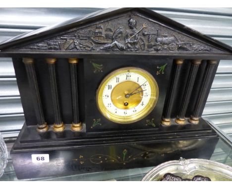 A LARGE VICTORIAN BLACK SLATE MANTLE CLOCK. 