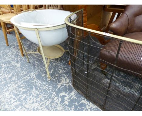 A VICTORIAN NURSERY FIREGUARD TOGETHER WITH A VINTAGE BABY BATH ON STAND.