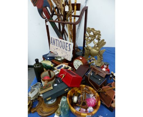 A VINTAGE STICK STAND AND WALKING STICKS, A QUANTITY OF ORNAMENTAL ITEMS INC. DOULTON TOBY JUG, BOX CAMERAS, CLOCK ETC. 