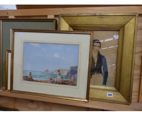 VICTORIAN WATERCOLOUR PORTRAIT OF A DANDY GENTLEMAN, AND TWO WATERCOLOUR COASTAL SCENES, A FARM SCENE, AND A BEACH SCENE. 