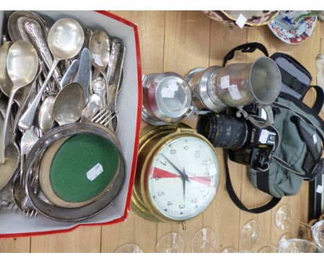A CANON EOS CAMERA, A BULK HEAD CLOCK, PLATED CUTLERY ETC. 