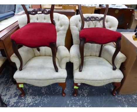 A PAIR OF BUTTON BACK ARMCHAIRS AND TWO BALLOON BACK CHAIRS. 