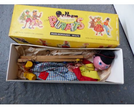 A PELHAM STANDARD PUPPET, DUTCH BOY, VINTAGE BOARD GAMES AND TWO TEDDY BEARS. 
