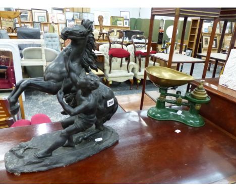 AN ANTIQUE MARLEY HORSE FIGURE, AND A SET OF KITCHEN SCALES. 