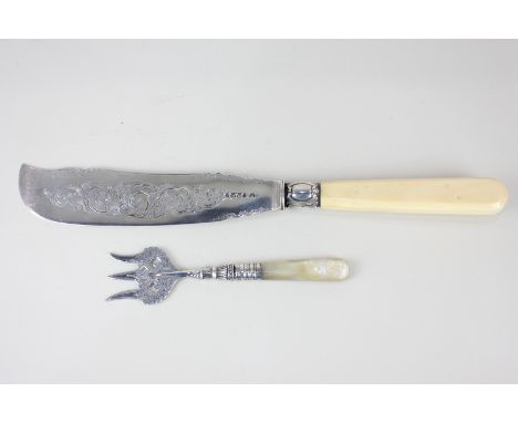 A Victorian silver serving knife, maker John Gammage, Birmingham 1880, together with a silver and mother of pearl serving for