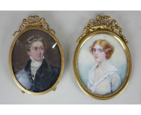 Two 19th century oval portrait miniatures on ivory, a gentleman, inscribed verso Sir Robert Peel, 7cm by 5.5cm, and a lady dr