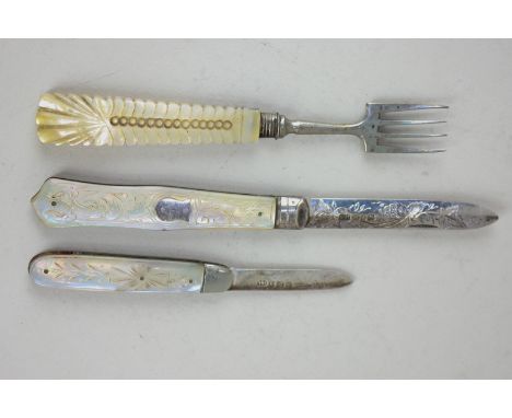 A Victorian silver bladed fruit knife with foliate engraved blade and mother of pearl handle, Birmingham 1890, and a smaller 