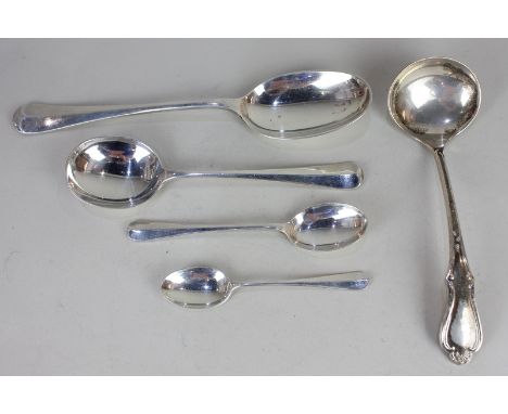 An Elizabeth II silver sauce ladle, maker Algernon Asprey, London 1976, together with four various Hanoverian pattern silver 