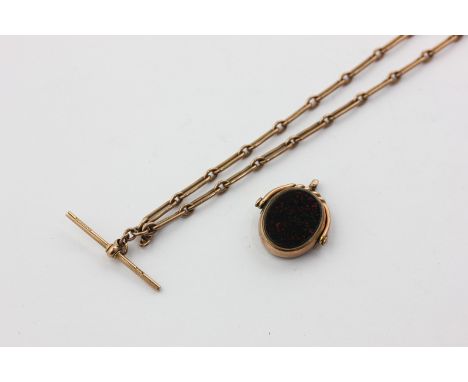 A 9ct gold watch chain, 15g, and a hardstone swivel seal