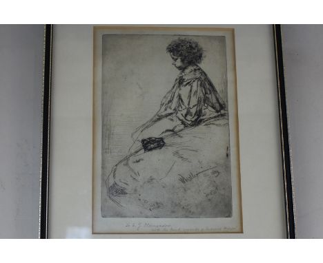 James Abbott McNeill Whistler PRBA (1834-1903), portrait of a child in profile, sitting on the edge of a bed, Bibi Lamotte, s
