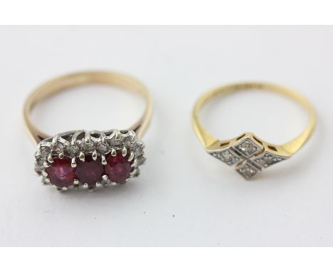 A ruby and diamond ring, claw set with three oval cut rubies within a border of brilliant cut diamonds, and a four stone eigh