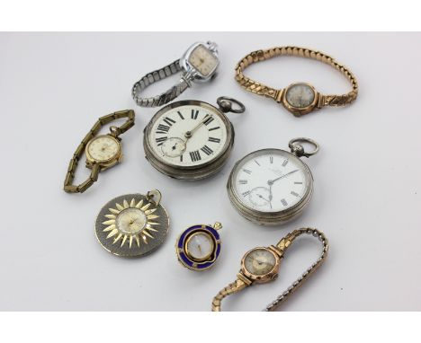 Two ladies' 9ct gold watches on expanding bracelets, two silver pocket watches, a silver gilt and enamel pendant watch, and t