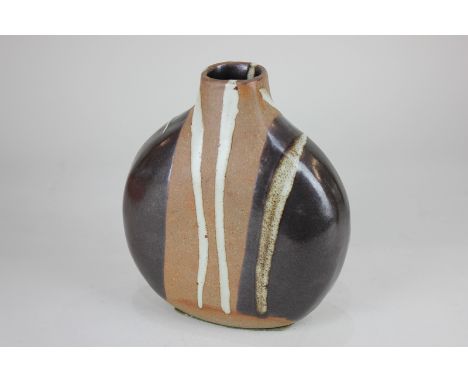A Janet Leach (1918-1997) Leach pottery stoneware vase, flattened ovoid shape with cream and brown glazed decoration, impress