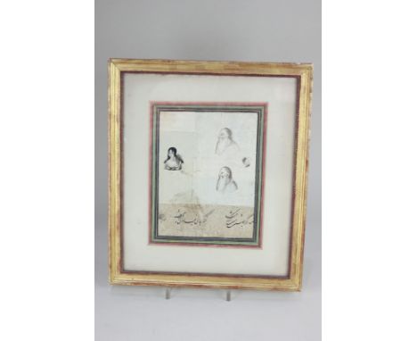 An unusual collage of 19th century portrait studies with Arabic writing within hand coloured border, 21cm by 16.5cm