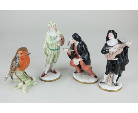 Three Capodimonte porcelain figures comprising an artist, a musician and a thief, tallest 17cm, together with a Goebel model 