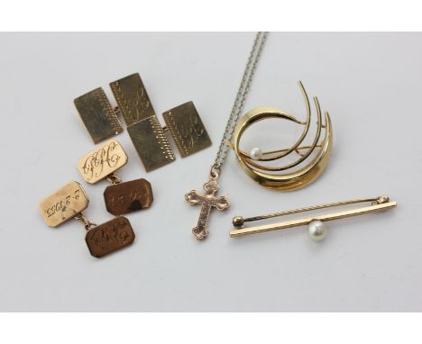 Two pairs of 9ct gold cufflinks, 14g, two 9ct gold brooches, and a gold cross pendant on silver chain