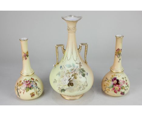 A pair of Royal Worcester blush ivory bud vases with hand painted floral design, together with a similar Victorian vase, 23cm