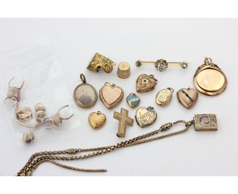 Five various gold and gilt metal heart lockets, a Victorian gold and enamel 'book' locket, and miscellaneous other items incl