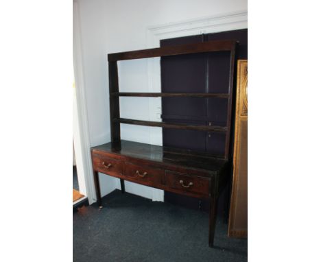 A George III oak dresser with open two-shelf back, on base with three drawers, on square legs, 152cm