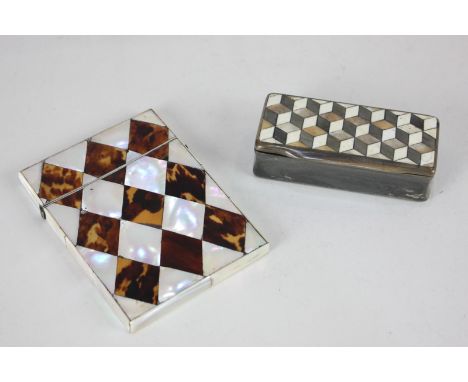A Victorian mother of pearl and tortoiseshell card case, together with a marquetry inlaid horn snuff box, with hinged lid