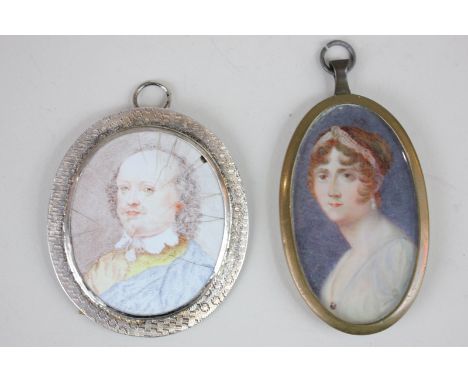 A silver mounted oval portrait miniature on enamel, depicting a gentleman in 18th century dress, 5.5cm by 4.5cm, (a/f), toget