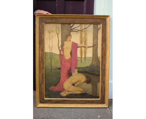 Evelyn Ince (1886-1941), semi nude nymph beside a figure kneeling beside a stream, Echo and Narcissus, oil on canvas, signed,
