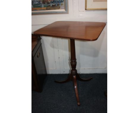 A small mahogany rectangular tilt-top side table with baluster stem on outswept tripod legs, 54cm